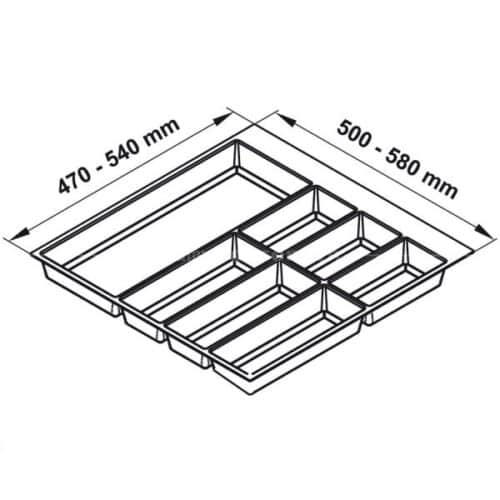 Kích thức khay chia đa năng đựng dao kéo thìa nĩa Hafele 556.52.746