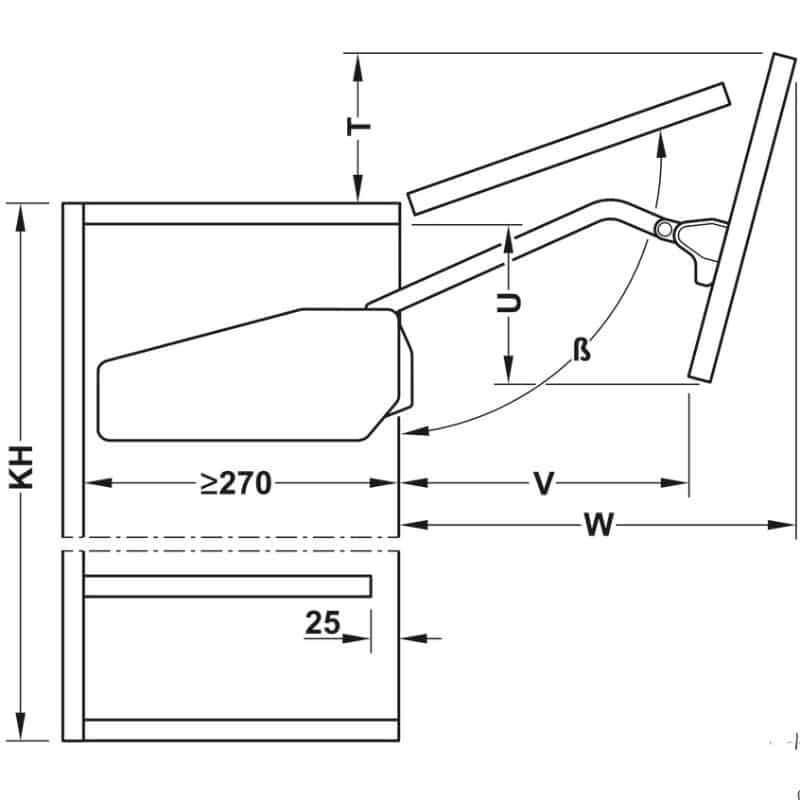 Kích thước bộ tay nâng FREE FOLD SHORT Hafele 493.05.736, xám Kích thước bộ tay nâng FREE FOLD SHORT Hafele 493.05.736, xám
