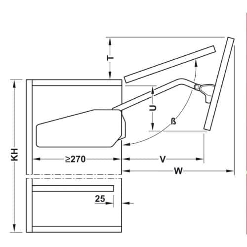 Kích thước bộ tay nâng FREE FOLD SHORT Hafele 493.05.740, xám