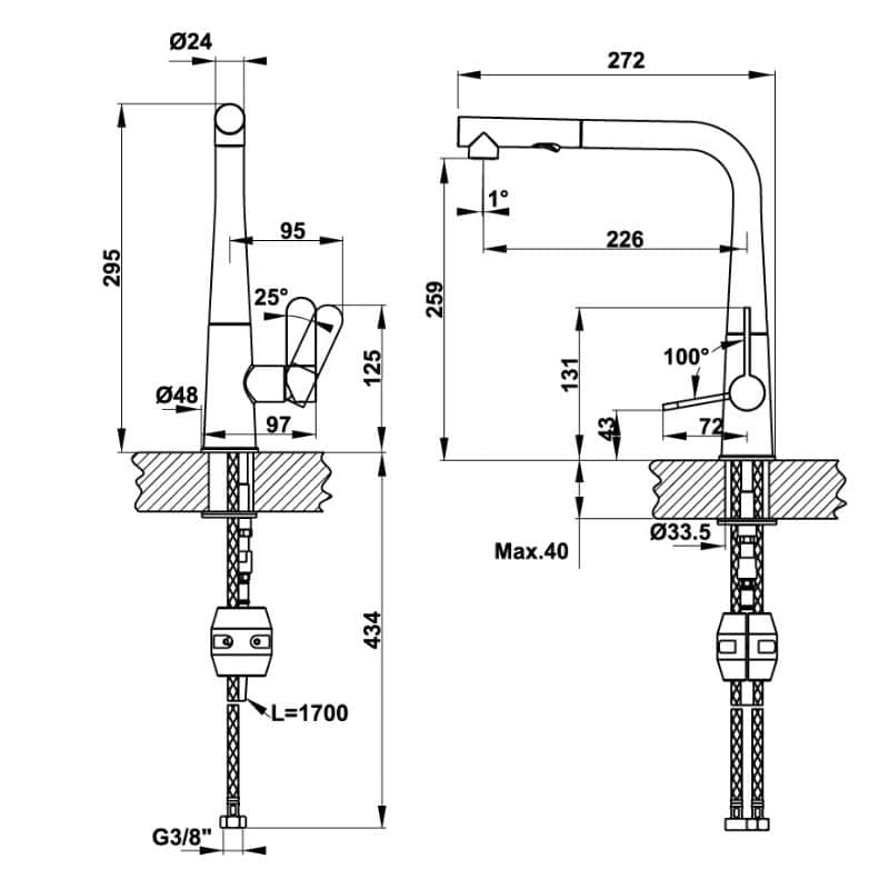 Kích thước Vòi rửa bát Hafele HT20-GH1P259 570.82.400 Vòi rửa bát Hafele HT20-GH1P259 570.82.400